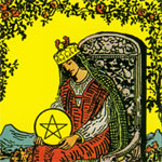 Tarotkarte Königin der Münzen - Bildausschnitt Tarotkarte Königin der Münzen - Bildausschnitt